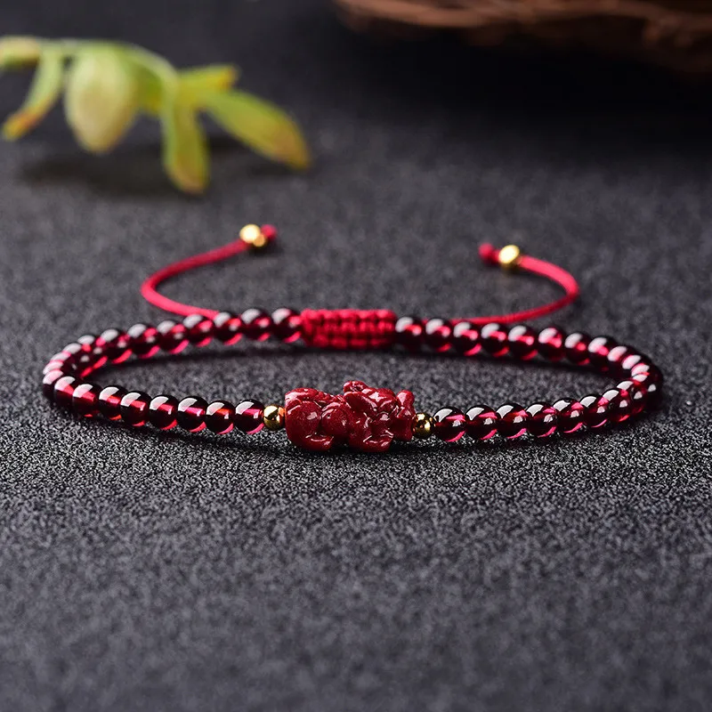 Natural Cinnabar Hand Weave DIY Lucky Pixiu Red Rope Garnet Bracelets Buddha Cinnabar Charm Bracelet Bangle Jewel Dropship