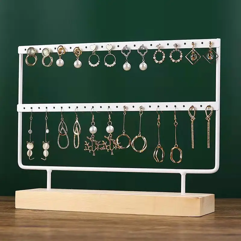 Gold Earrings Jewelry Display Stand Metal Jewellery Organizer Holders Wooden Base Storage Rack Store Decoration Gifts