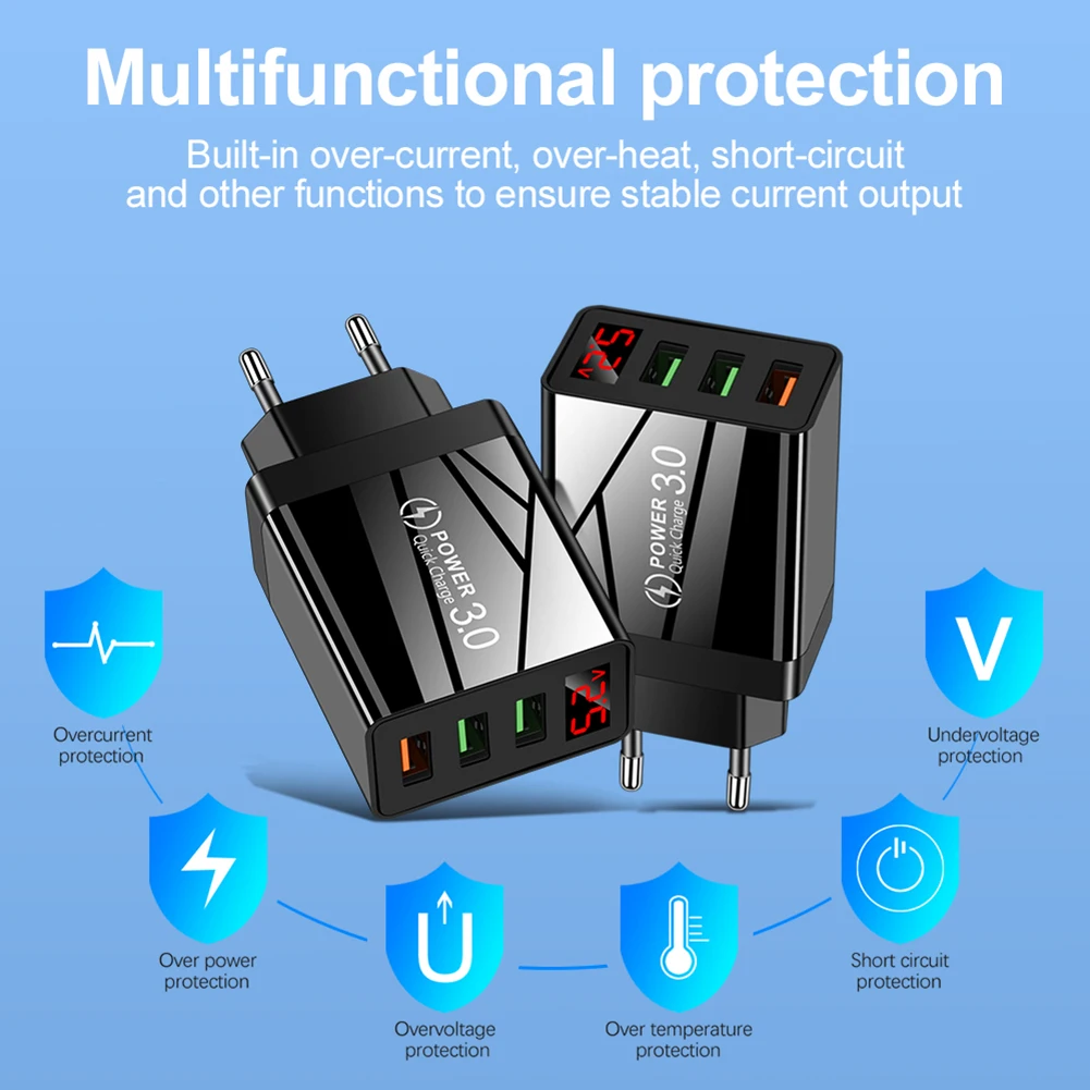 Mobile Phone Chargers Quick Charge QC 3.0 USB Charger For Tablet iPhone 15 14 13 Huawei Samsung LED Display 3 Port Fast Charging