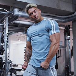 NEW Running Sport T-shirt Men Skinny Cotton Slim Shirts Gym Fitness Training Elastic Mens Tee Tops Male Jogging Workout T Shirt