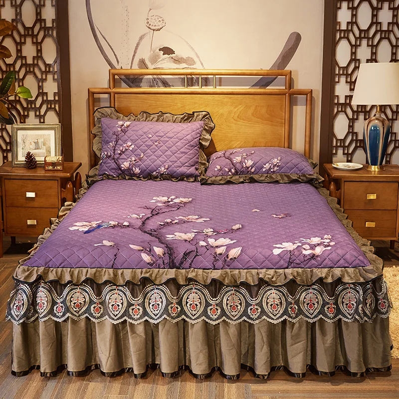 

Classical style 100% cotton purple Quilting queen king size Bed Skirt Bedspread Bed Sheet Bed Cover Pillowcase Bedding Set