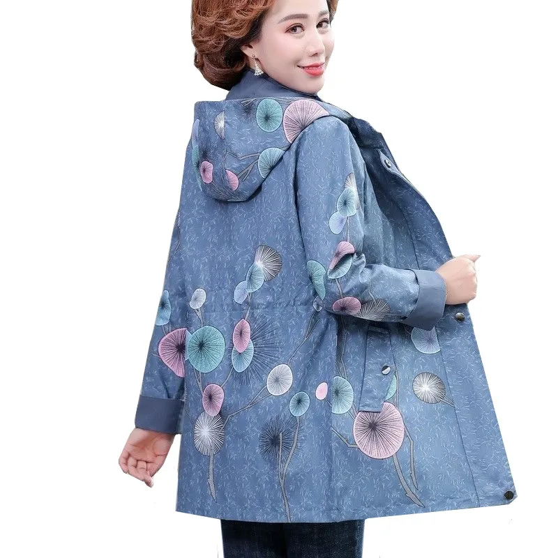 

Autumn Female Jacket 2023 New Middle aged Mother Fashion Print Detachable Hooded Coat Plus size 5XL Womens Windbreaker Outwear