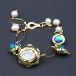 GuaiGuai Jewelry Real Freshwater Cultured White Keshi Pearl Blue Murano Glass Bracelet 8