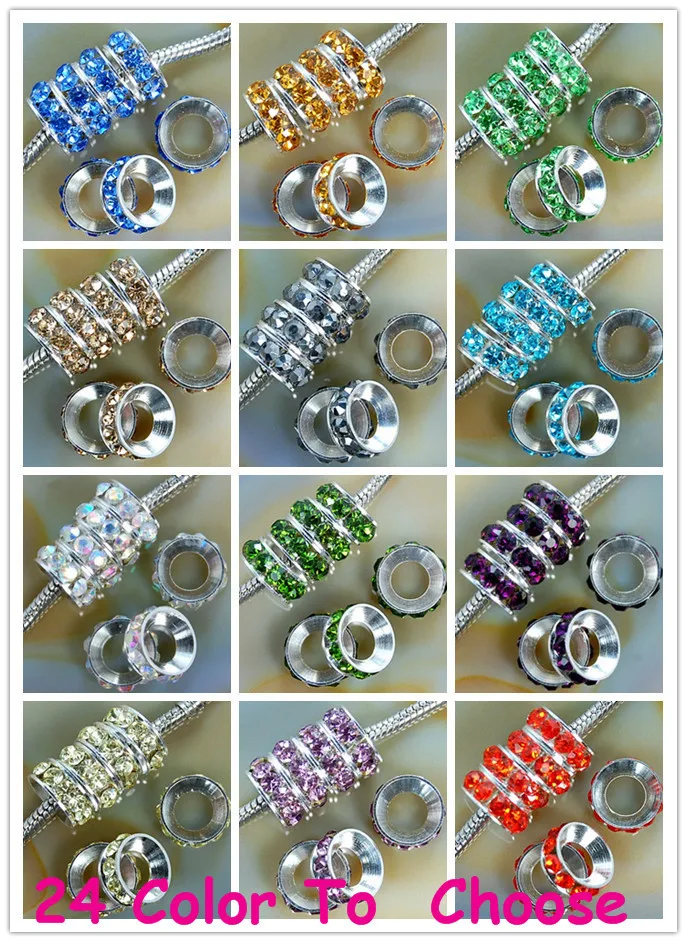 

DHL Free!!! 10mm Mixed 12 Color Each 100 Pieces Rhinestone Crystal Rondelle Spacer Beads Lot,Rhodium Plated European Beads.