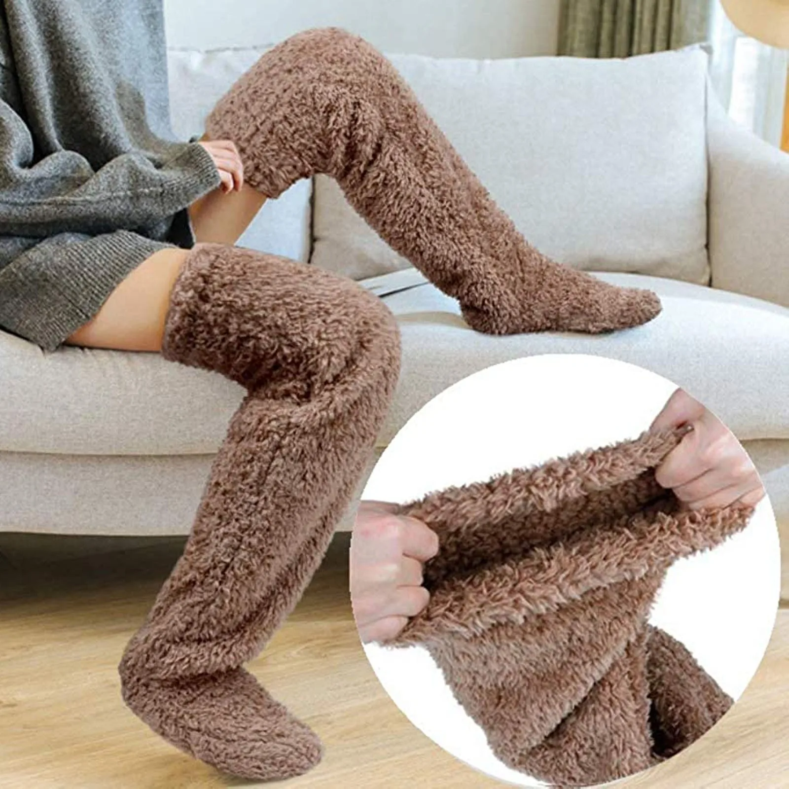 Fluffy Leg Warmers Stocking Winter Warm Leg Cover Home Over Knee Socks Thick Woolen Pants Leg Warmers Bed Long Socks Slippers