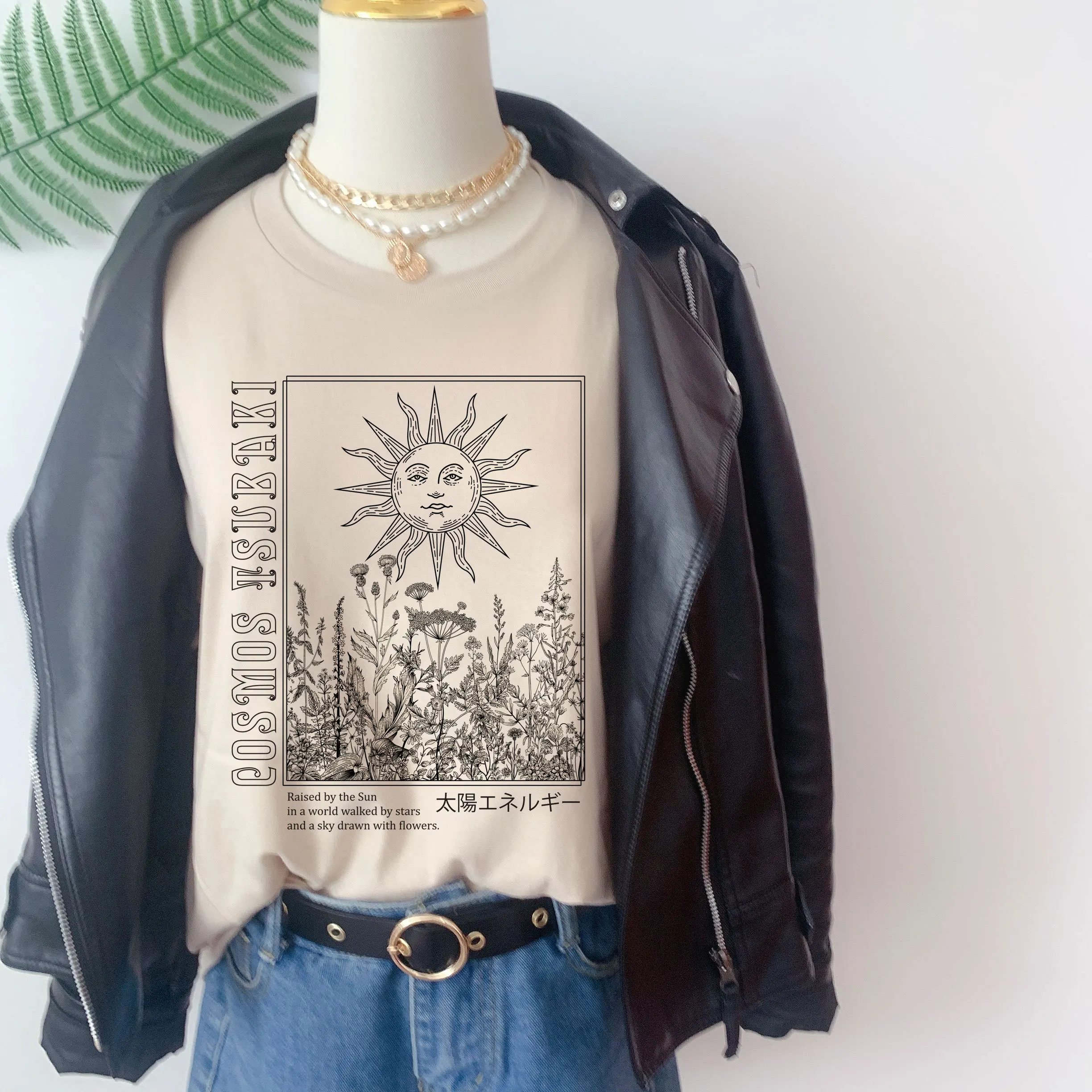 Sun Plants Print Vintage Boho Style T Shirt Women's Retro Cotton Short Sleeve T-shirt Ladies Top Female Graphic Tees