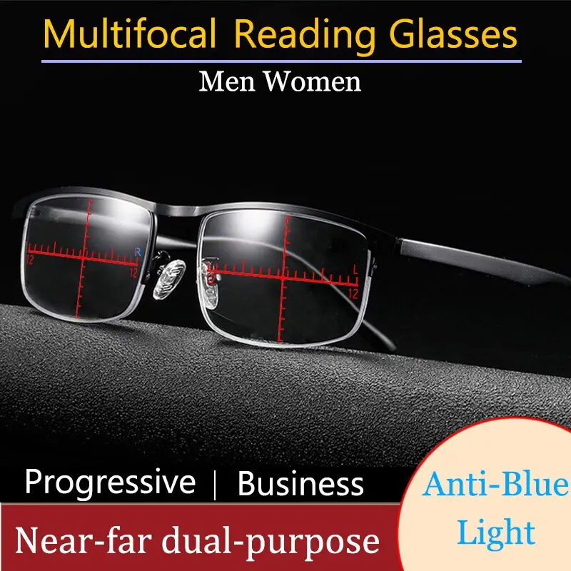 Progressive Multifocus Computer Reading Glasses Blue Light Blocking Titanium Alloy Spring Hinge Multifocal Readers Eyeglasses