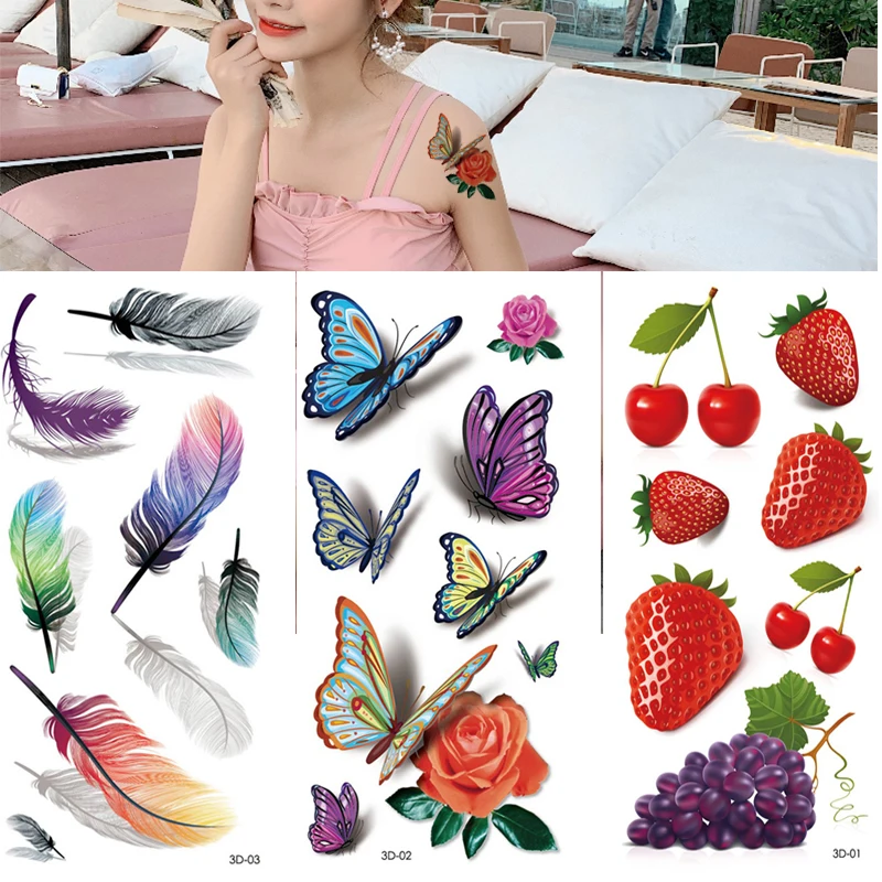 3Pcs Waterproof Temporary Tattoo Sticker Flower Rose Flash Butterfly Feather Body Art Arm Fashion Fake Sleeve Man Women Tattoos