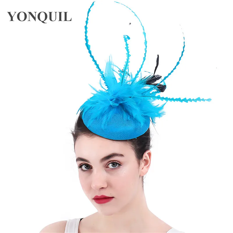 

New Color Sea Blue Fascinator Chapeau Hats Hair Clip Girl Feather Millinery Cap For Dinner Party Married Hair Accessories SYF308