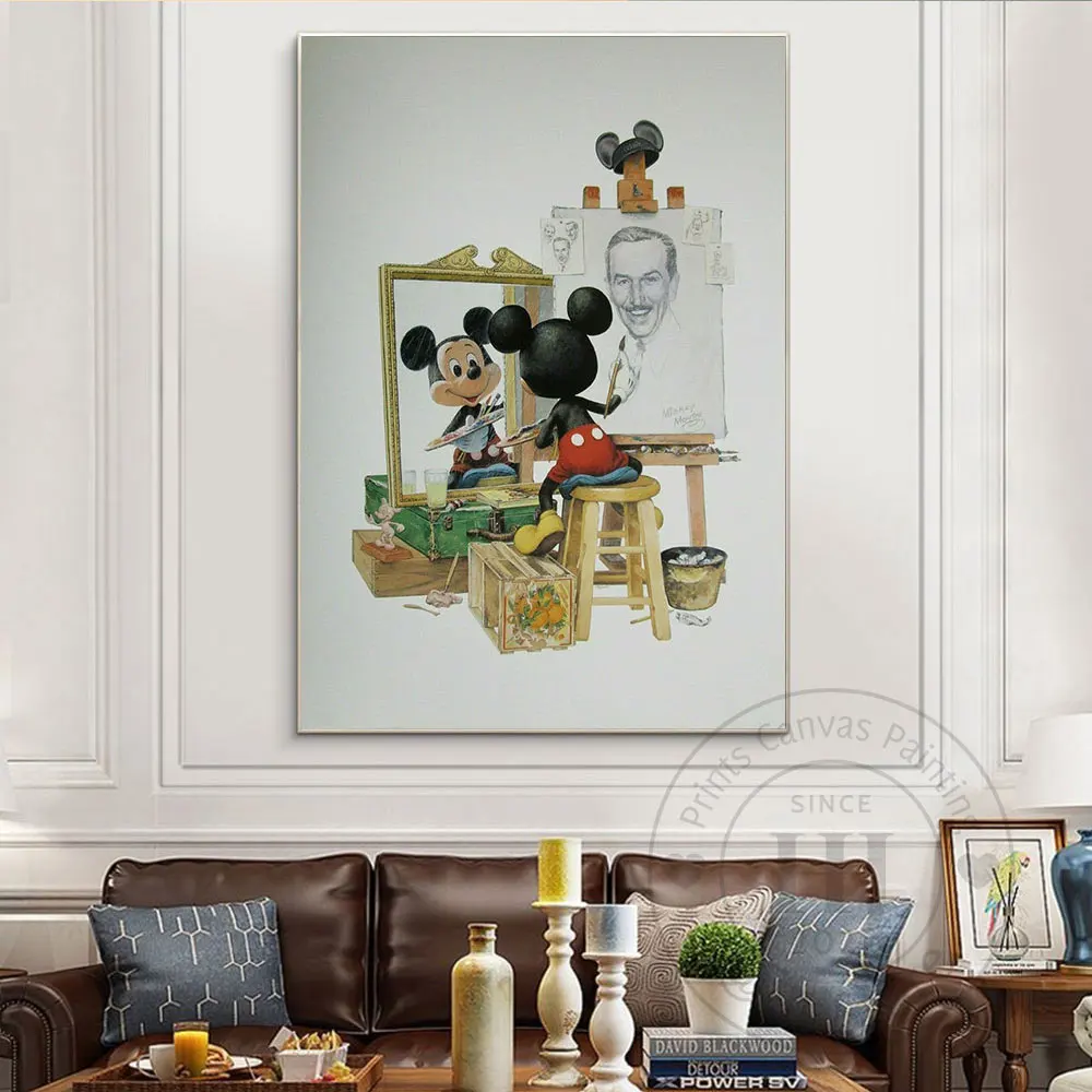 Disney Mickey Mouse Sketch Walt Disney Self Portrait Print On Canvas Painting Funny Poster For Livin Room Bedroom Decor No Frame