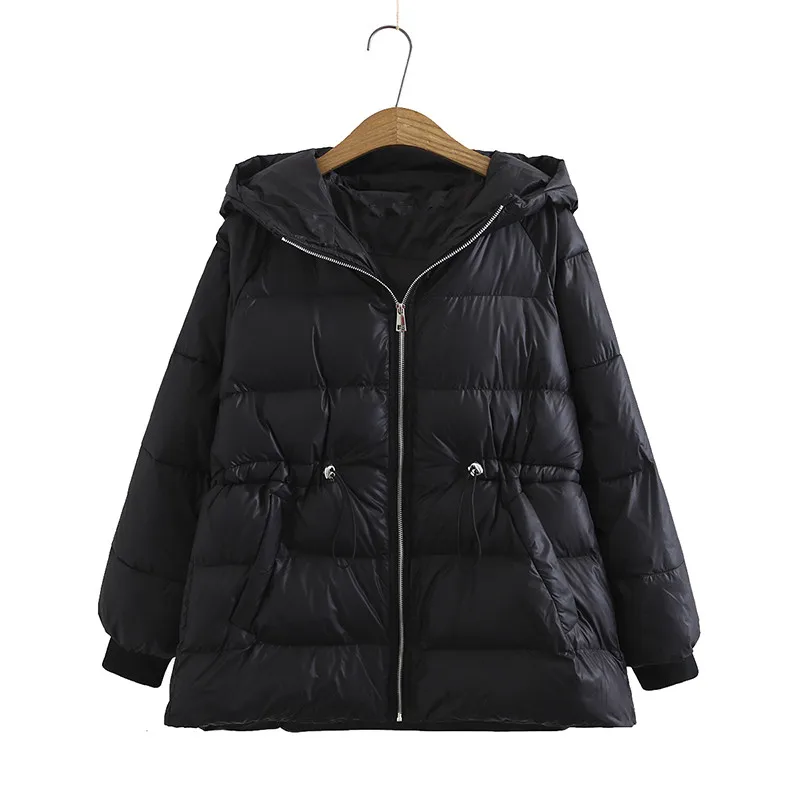 Plus Size Winter Padded Jacket For Women Long Sleeve Mid-Length Elastic Drawstring Waist Thick Cotton Interlayer Large Size Coat