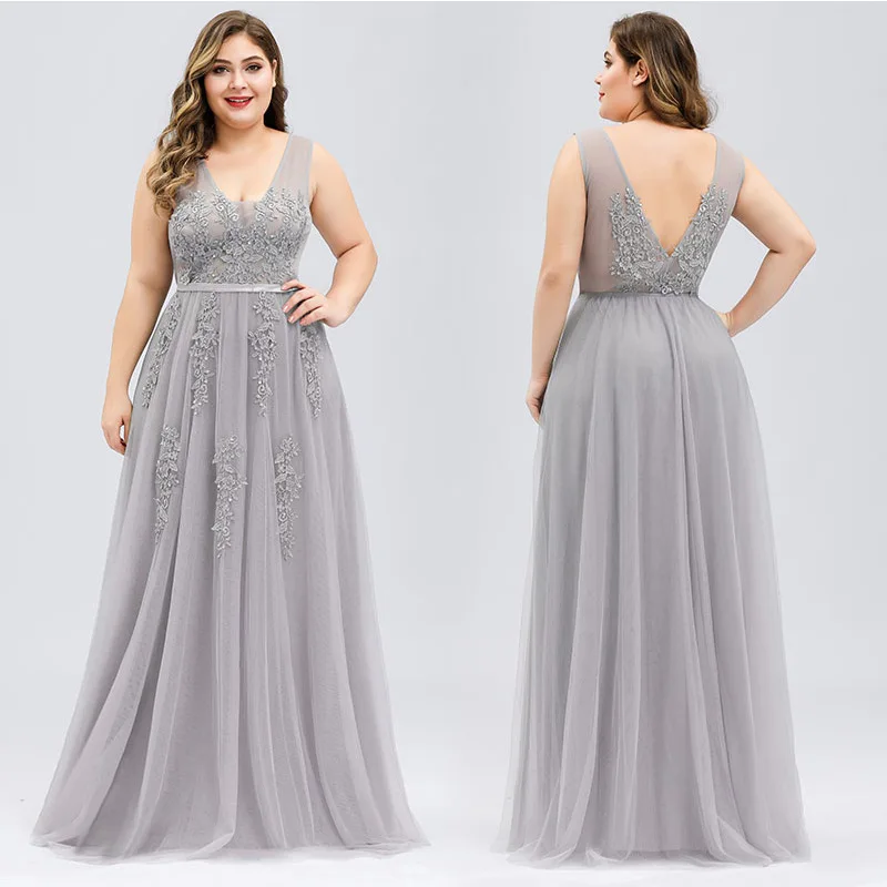 Plus Size Evening Dress V-neck Appliques Lace Formal Dress Elegant Backless Vestido for Party Evening Gowns for Women