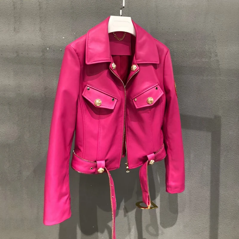 Spring And Autumn 2024 New Fashion Import Real Sheepskin Coat Women Short Length Overcoat With Belt Letters Decorate