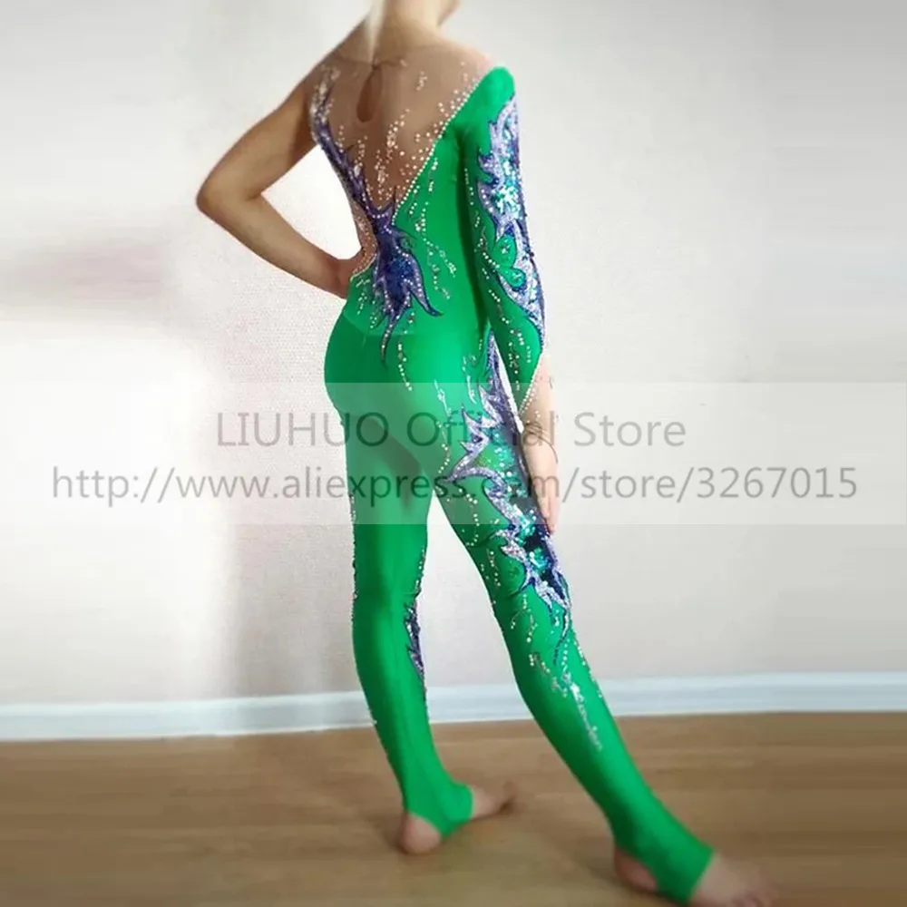 LIUHUO Women\'s Girls\' Adult Jumpsuit Performance Green Rhythmic Gymnastics Competition Leotard Ice Figure Skating Dress Dance