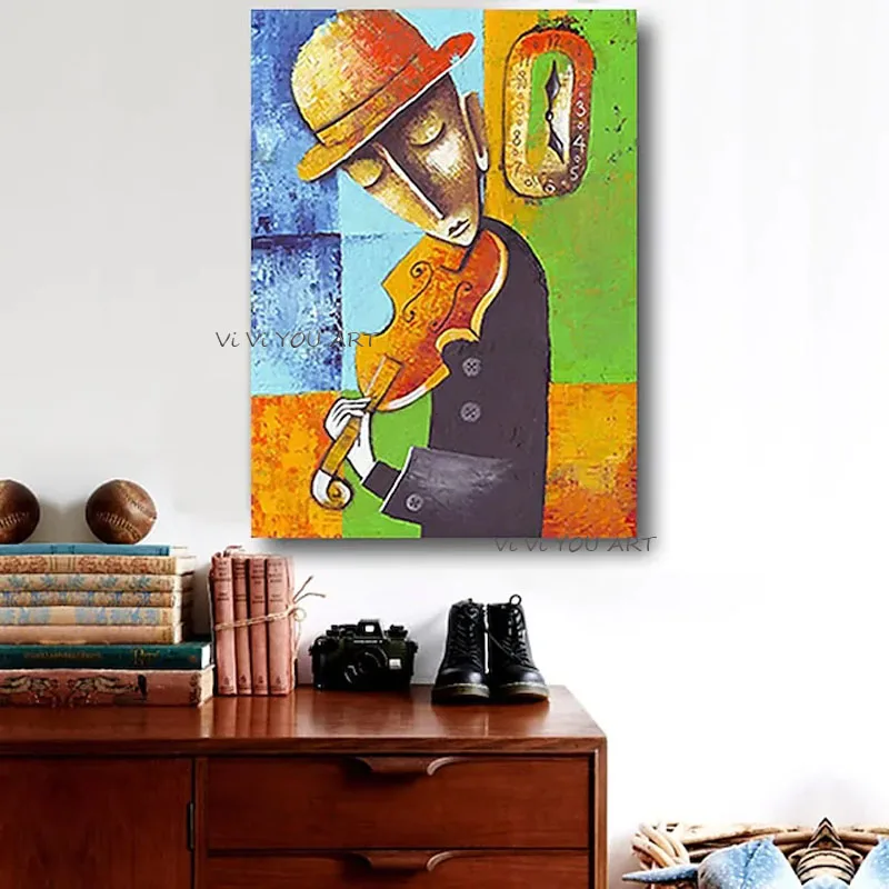 100% Hand Painted Playing the Violin Man Oil Paintings Retro Characters Abstract Canvas Wall Art Home Wall Pictures Decoration