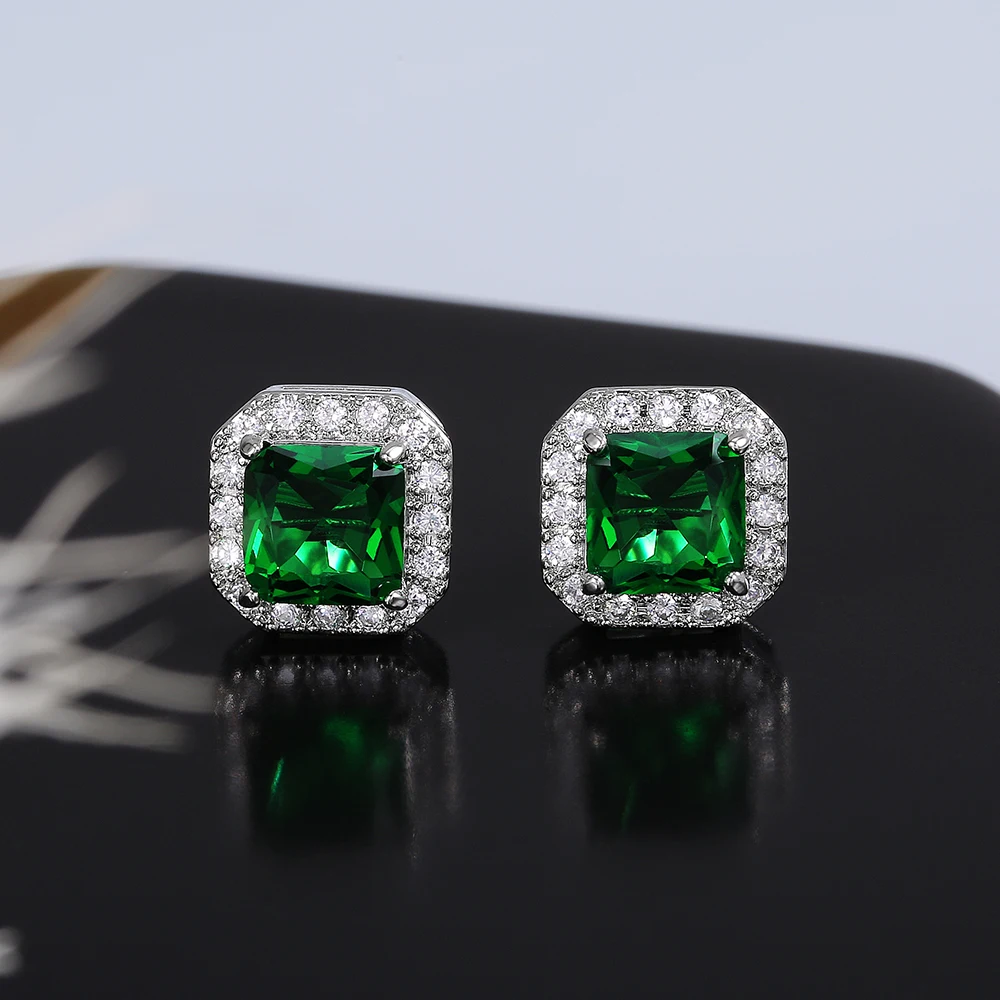 Huitan Ohrstecker mit rechteckigem/quadratischem grünem kubischem Zirkon für Damen, elegante Party-Accessoires, Jahrestagsgeschenk, zeitlose Damen-Ohrringe – Detail 15