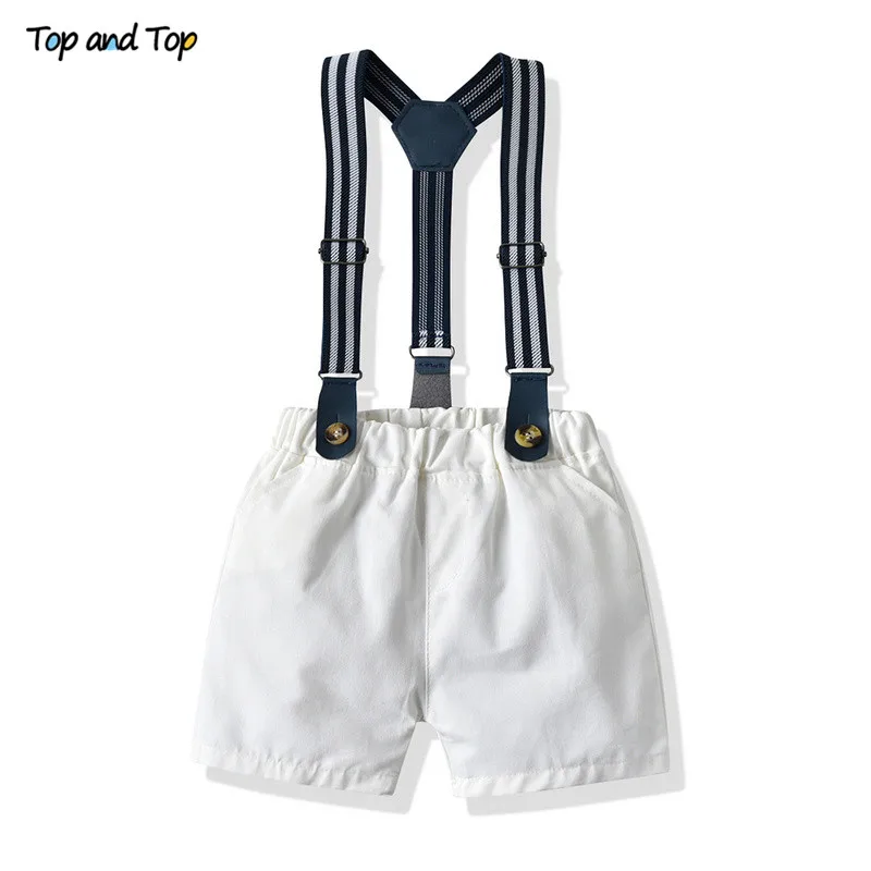 Top and Top Little Boys Gentleman Clothing Set 2020 Fashion Kids Boys Casual Short Sleeve Bow Tie Shirt+Overalls Formal Suits