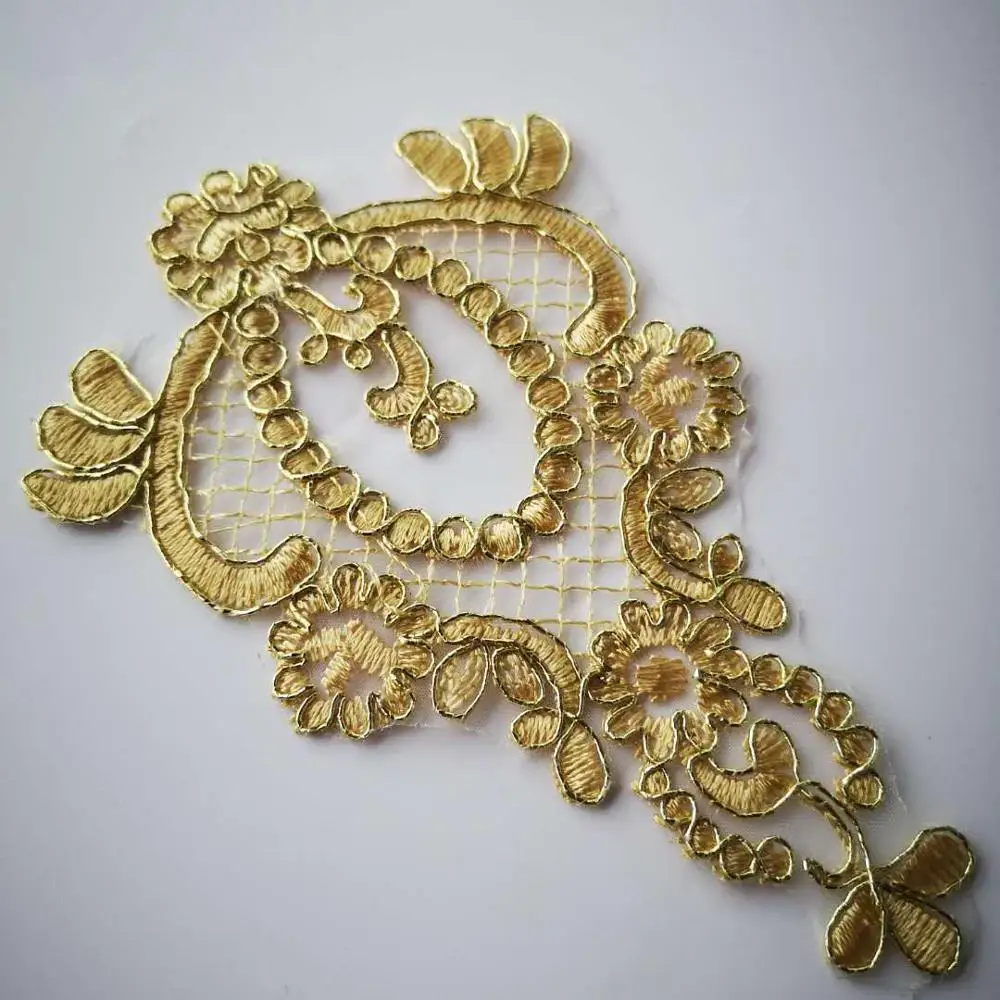 Apliques de renda dourada 15x9cm, apliques de renda em dourado para vestido de casamento, bordado, faça você mesmo, 10 peças