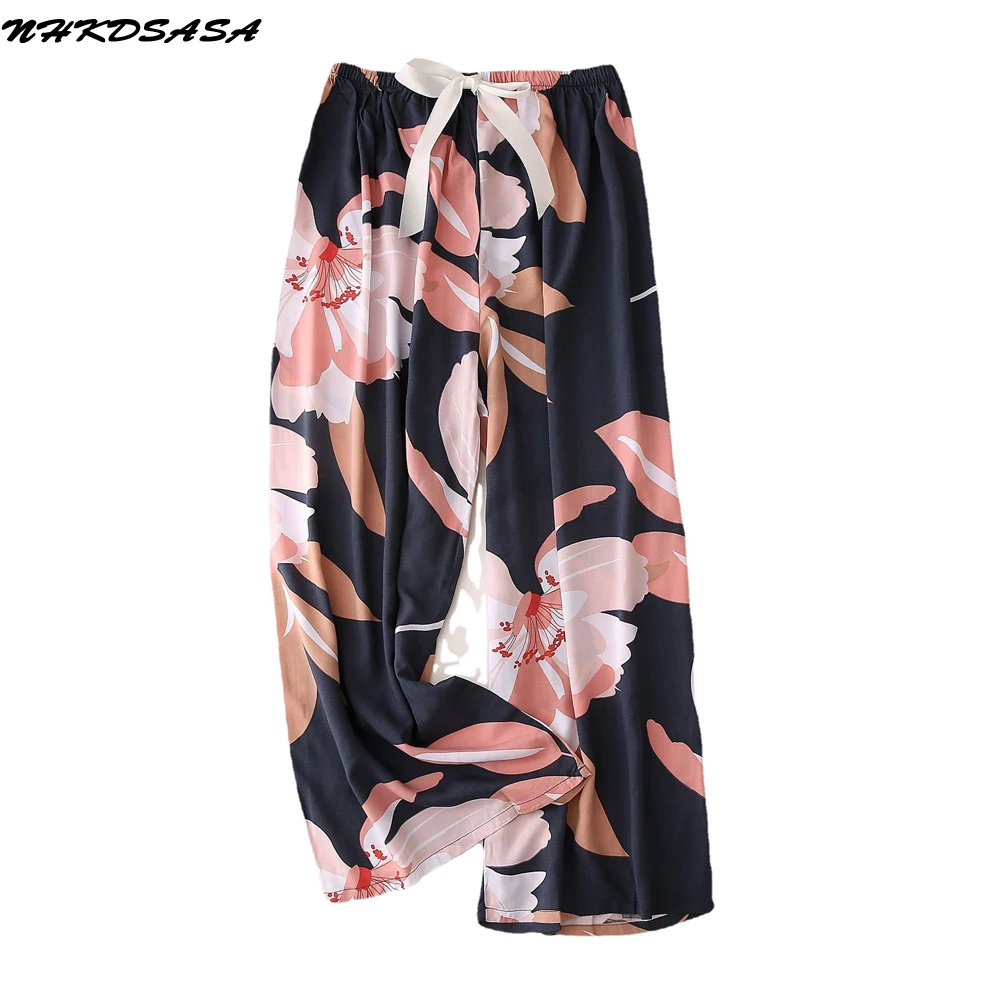 Sleep Wear Women Pajama Printed Loose Sleeping Bottoms Spring Summer Viscose Pants Female Calf-Length Pants Lounge Home Wear