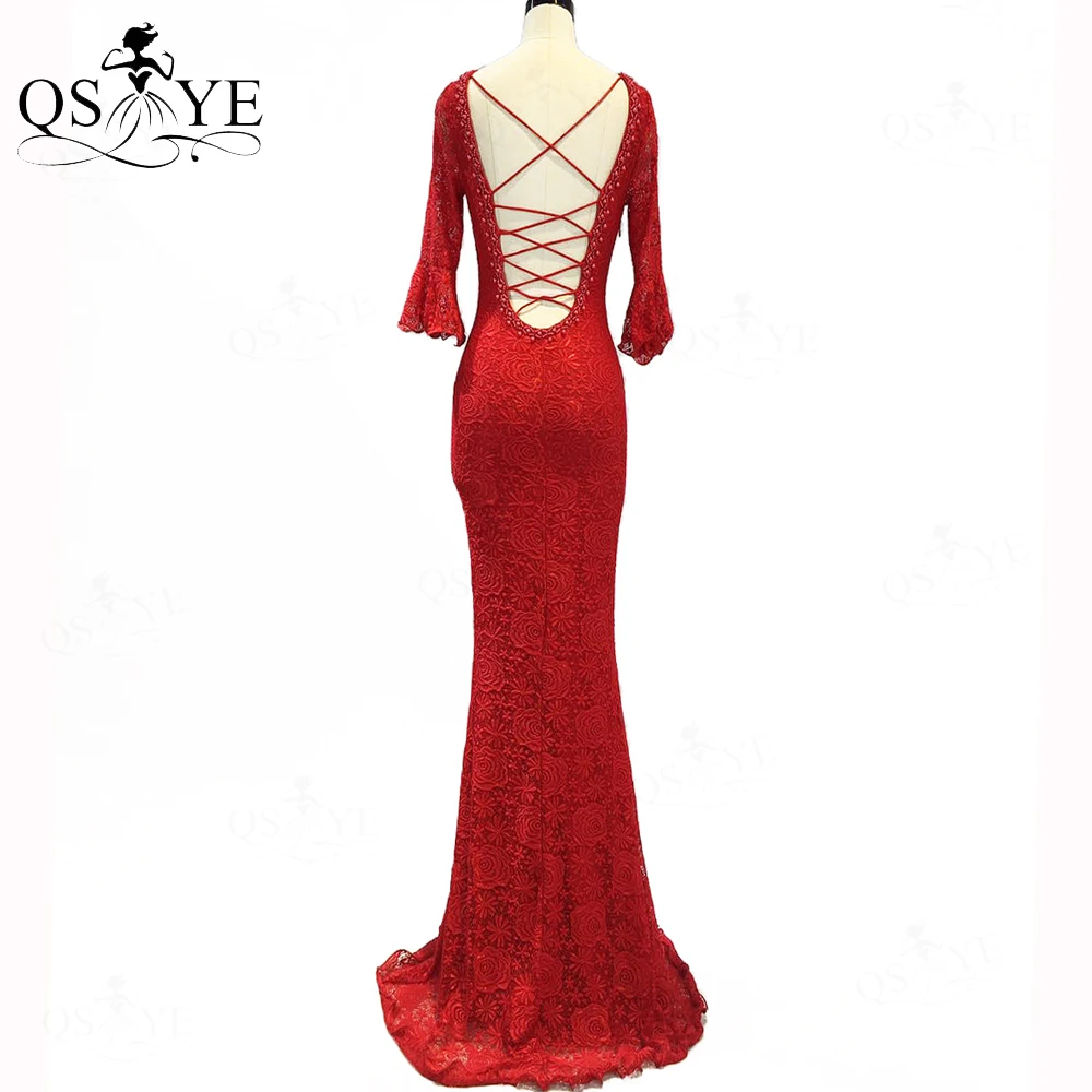 Vestido de noche rojo de encaje elástico para mujer, vestido de fiesta de sirena de manga larga, espalda baja abierta, entrecruzado, vestido Formal con cuentas y cuello en V