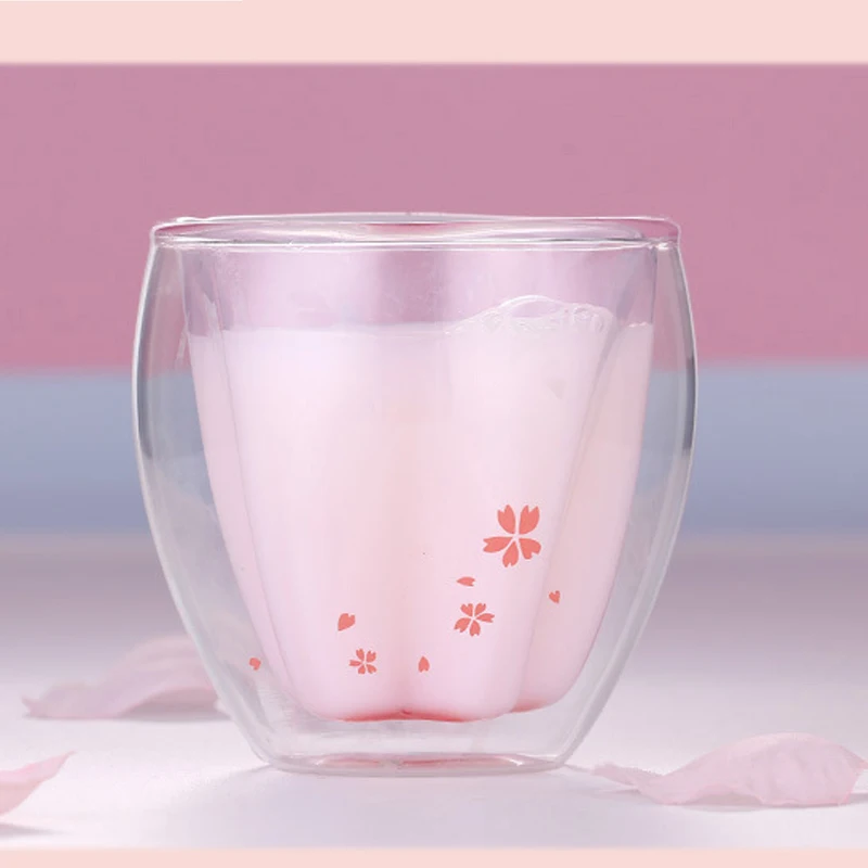 

200ml double coffee cup, high borosilicate glass, cold drink cup, hot drink cup, pink cherry blossom cup, milk cup, milk tea cup