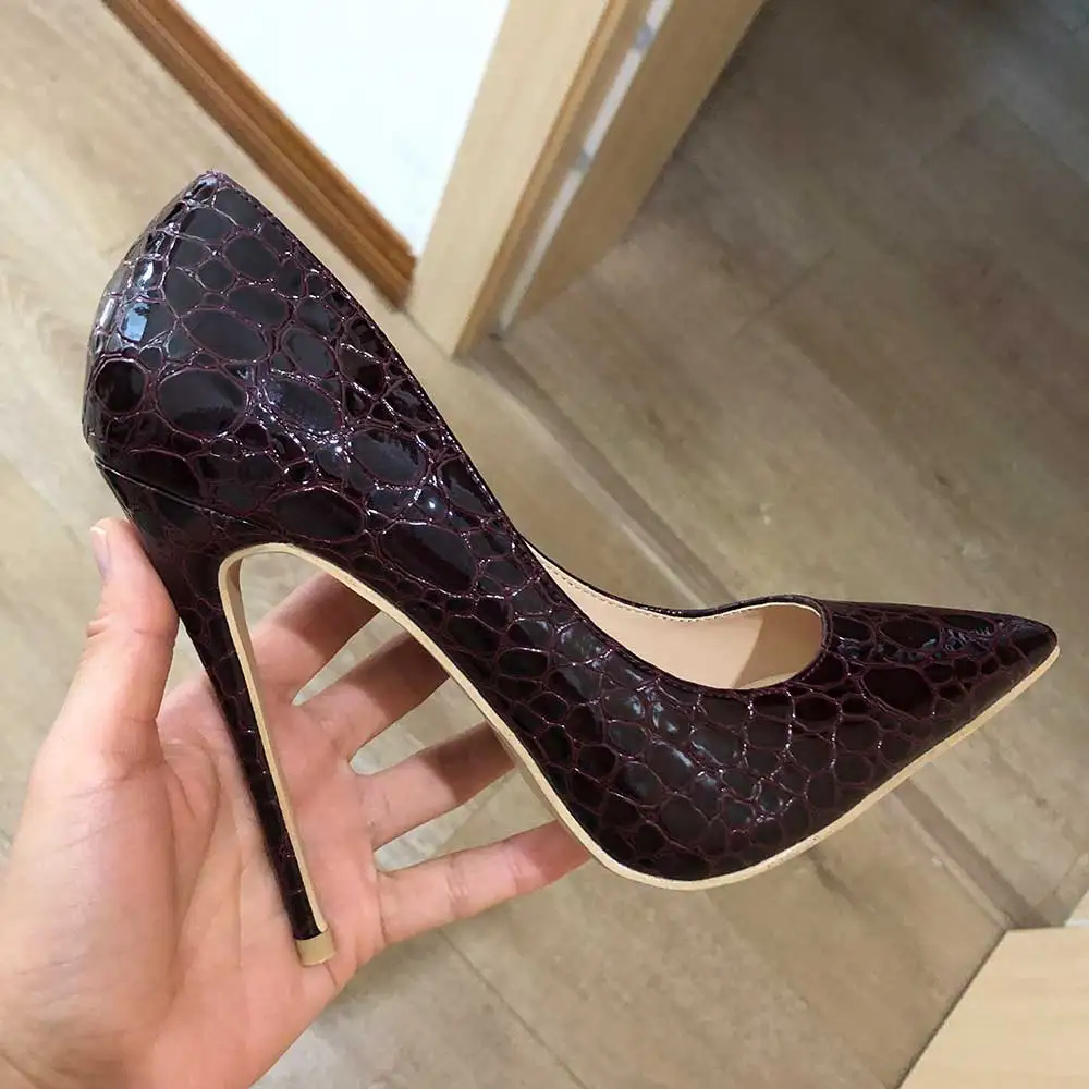 Tikicup Women Burgundy Crocodile-Effect Pointed Toe Stiletto Pumps Wine Red Slip On Extremely High Heels for Sexy Ladies 33-45