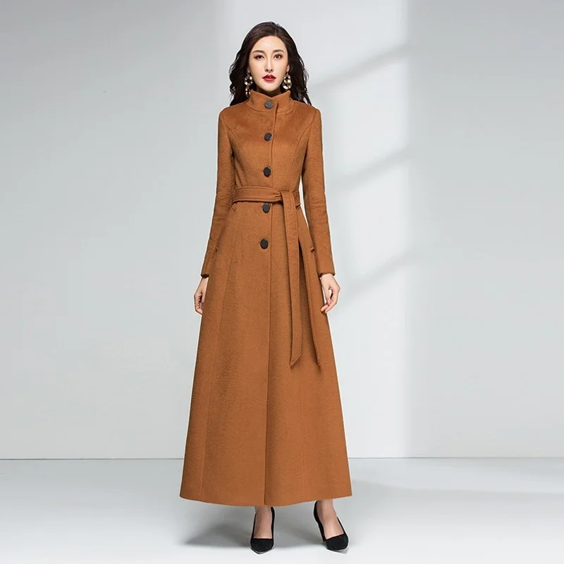 New Winter Fashion Cashmere Coat Warm Long Slim O-Neck Vintage Single Breasted Pockets Sashes Office Lady Womens Outerwear