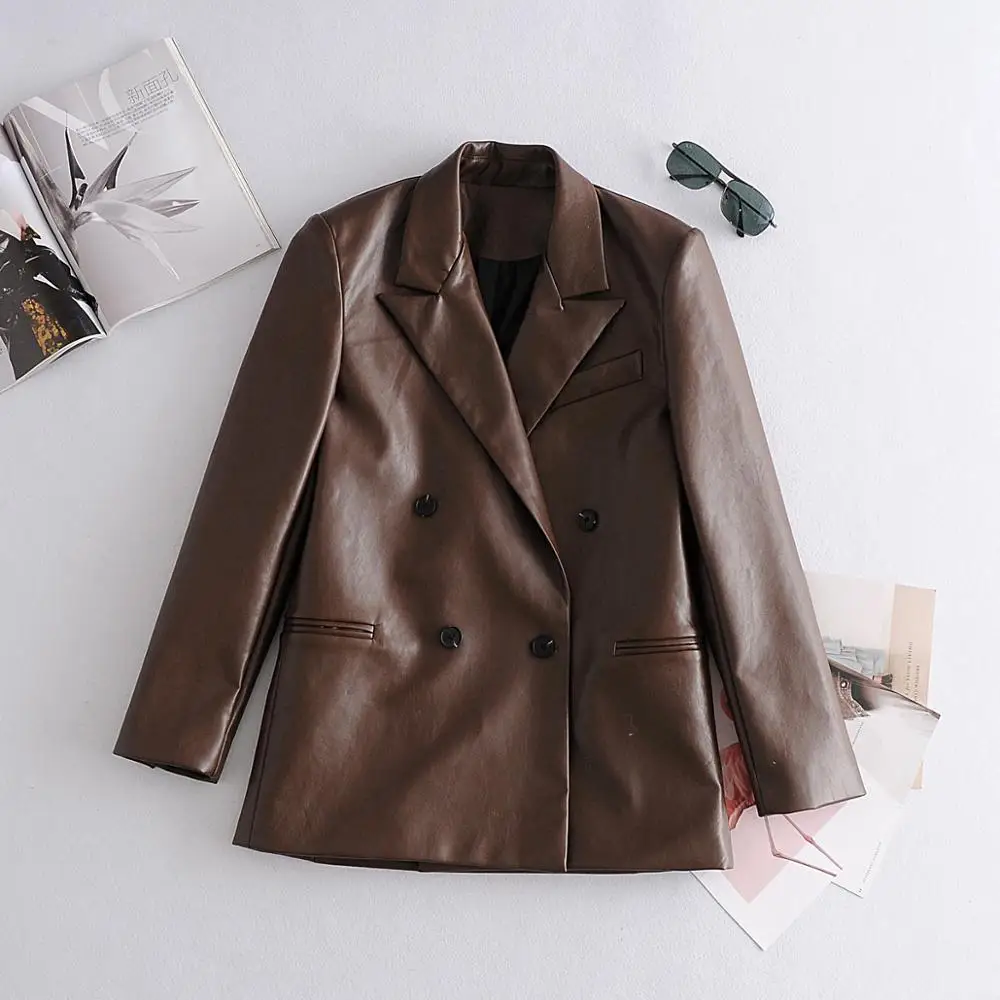 Brown Loose PU Faux Leather Jacket Women Classic Moto Biker Jacket Spring Autumn Lady Basic Coat Brand Leather Blazers Outerwear