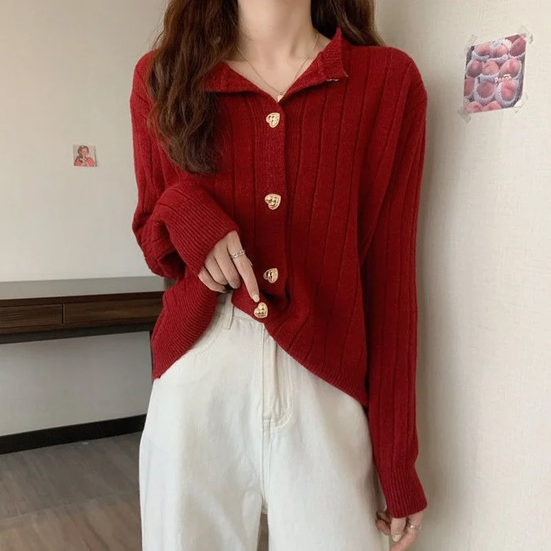 Cardigan Women O-neck Metal Button Heart Gentle Fashion Ulzzang Casual Street Friends Sweet Loose Cozy Knitted Burgundy S-3XL