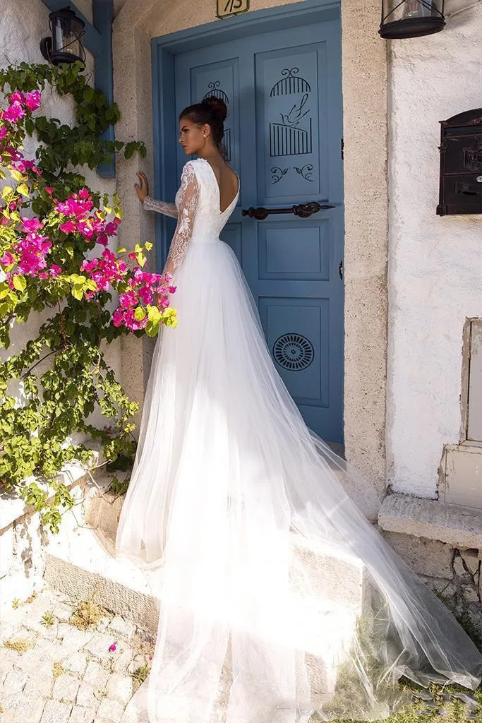 Vestido de novia praia manga longa macacões vestidos de casamento rendas boêmio vestidos de noiva com destacável trem robe soirée femme