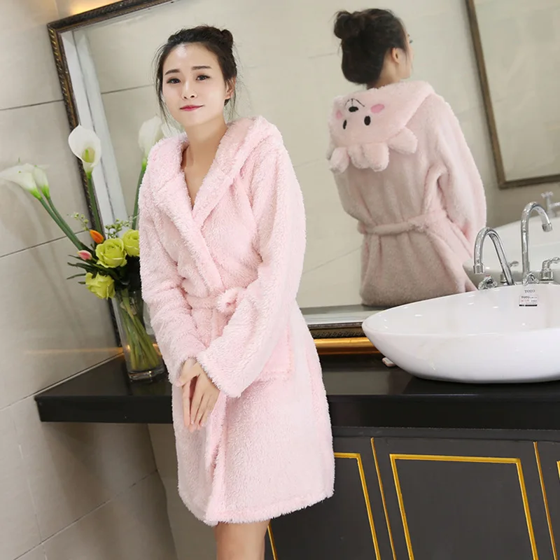 

H5695 Women Warm Robe Female Winter Korean Cartoon Hooded Flannel Bathrobe Lady Plus Velvet Thickened Home Clothes Sleepwear