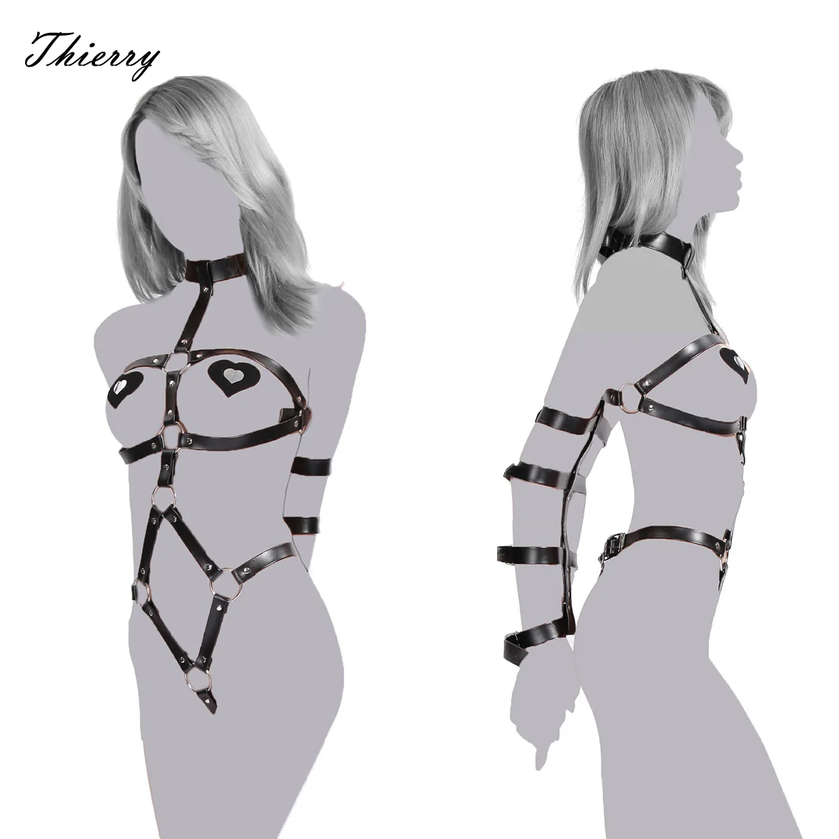 Thierry PU Leather Female Slave Body Harness Arm Cuffs Handcuffs for Adult Game, Fetish Bondage Rope Flirting Sex Toys for Women