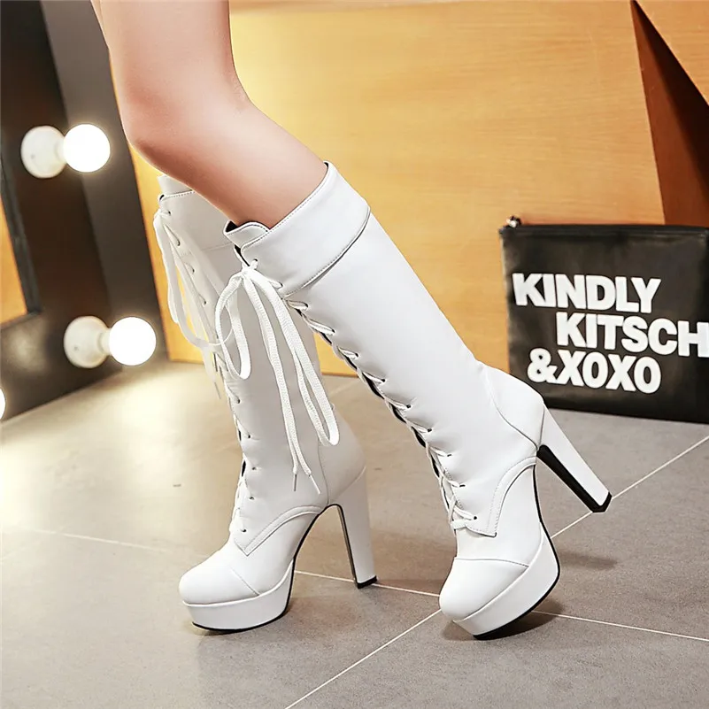 ANNYMOLI Winter Knee High Boots Women Lace Up Platform Block Heels Long Boots Fashion Extreme High Heel Shoes Ladies Big Size 43