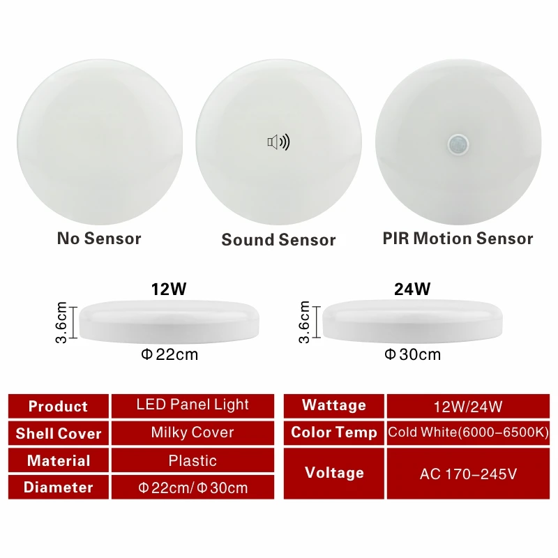 LED PIR Motion Sensor Ceiling Light 12W 24W Modern Lamp Surface Mounted Auto Smart Sounds Control AC 110V 220V Round Panel Light