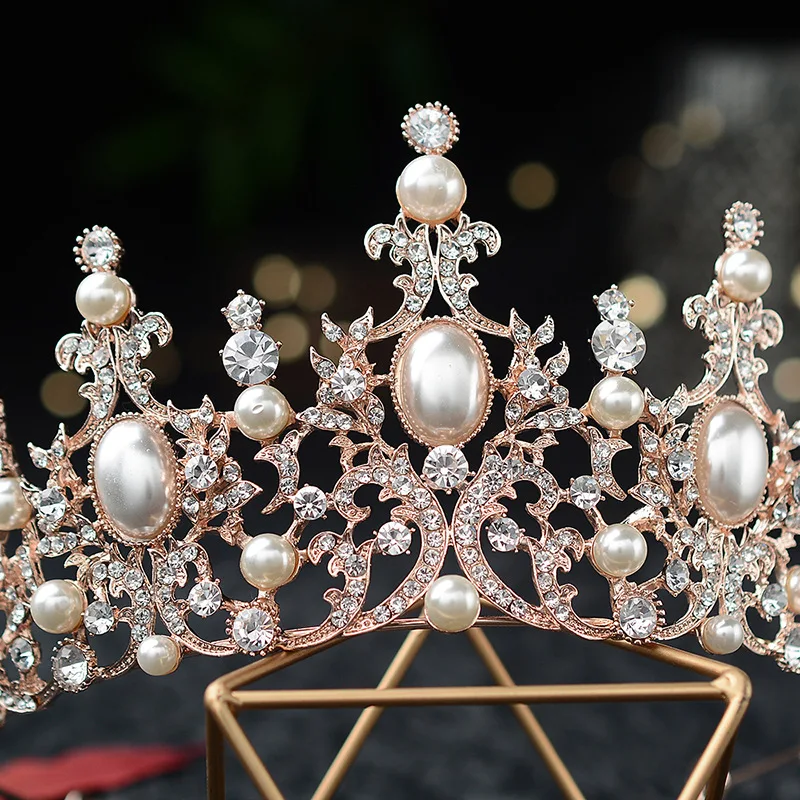 KMVEXO Baroque Rose Gold Color Crystal Pearls Bridal Tiaras Crown Rhinestone Pageant Diadem Headbands 2021 Wedding Hair Jewelry