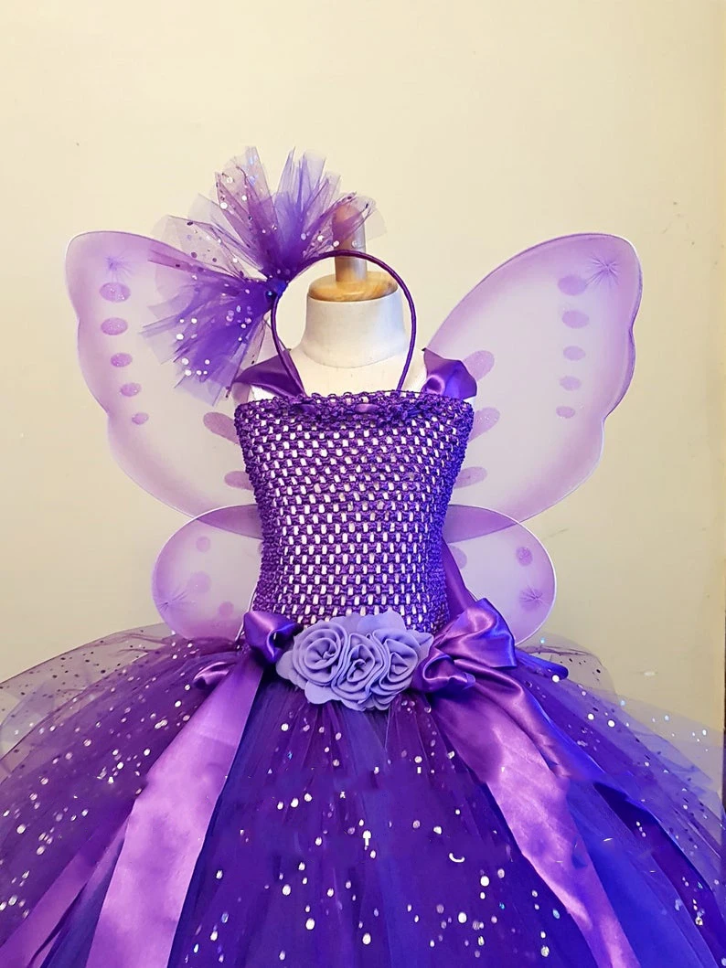 Girls Purple Butterfly Flower Tutu Dress Kids Glitter Tulle Dress Ball Gown with Wing Children Birthday Party Costume Dresses