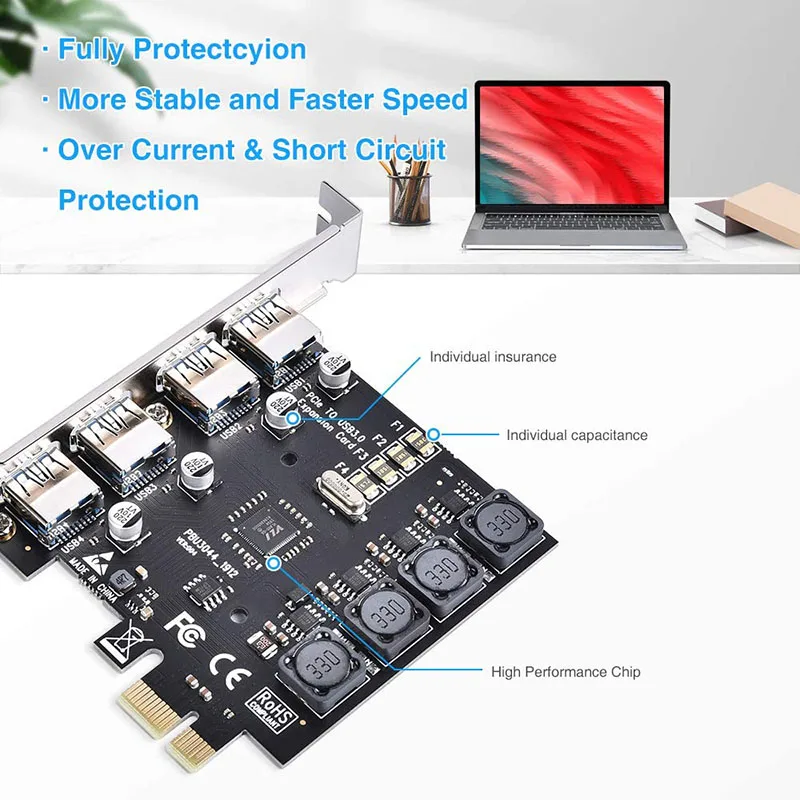 Carte PCIe 4 Ports USB 3.0 5 Gbps – Hub USB Extension Carte Mère + Alim SATA 15 Broches
