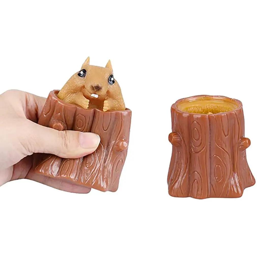 Squeeze Rubber Squirrel Cup Children\'s Toy Evil Decompression Tree Stump Oak Cute Miniature Telescopic Pen Holder Game Gift