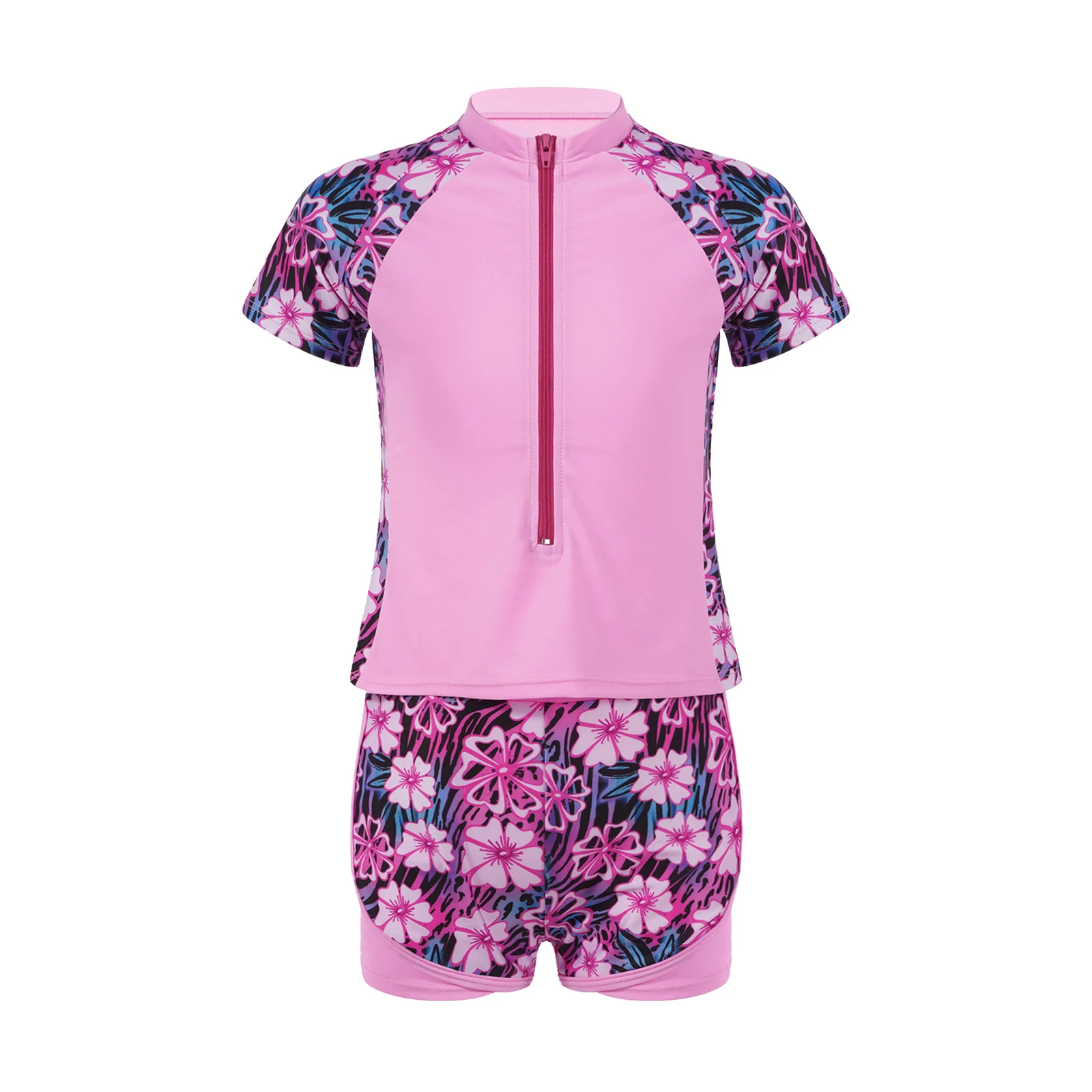 Kids Girls Print Short Sleeves Front Zipper Rashguard Shirt with Swim Shorts Water Sport Tankini Swimwear Bathing Suit Beachwear