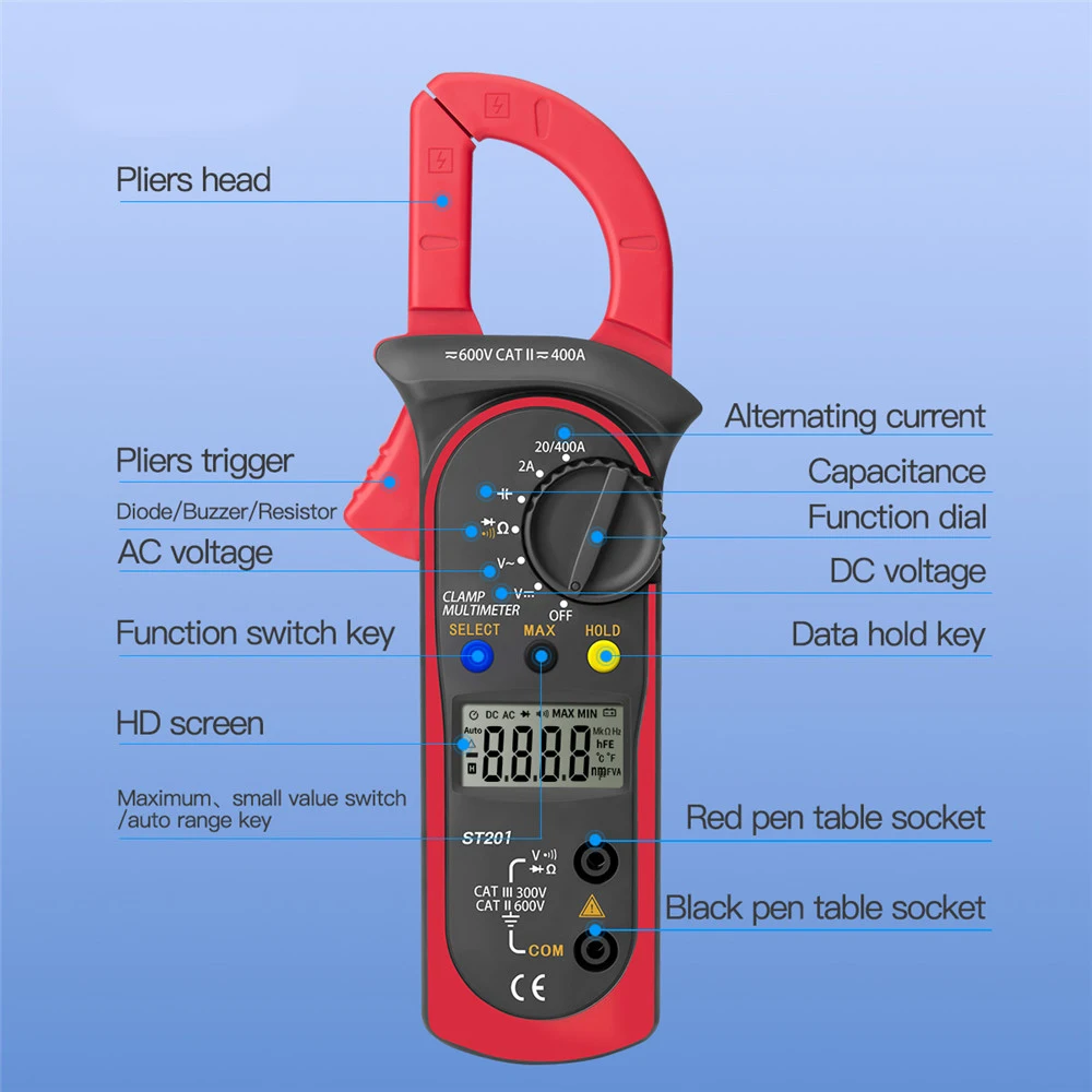 Imagem -02 - Amperímetro Digital St201 Medidor de Resistência Ohm ac dc e Amperímetro com Transistor e Testadores Voltímetro em Contato Lcr Vermelho Azul