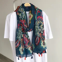 Lenço viscose com borla floral para mulher, envoltório Pashminas Snood e Hijab, marca espanhola, xale muçulmano, caju asteca, 180x90cm, verão, 2021