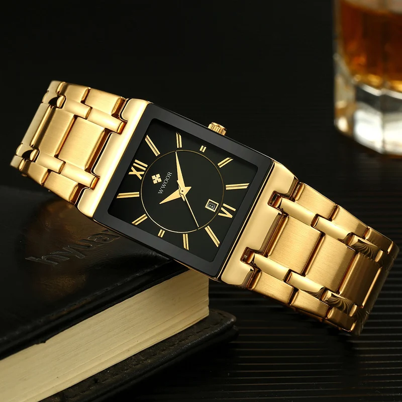 Fashion Stainless Steel Watches Men 2024 WWOOR Square Waterproof Quartz Watch Men Top Brand Luxury Gold Black Wristwatch For Man