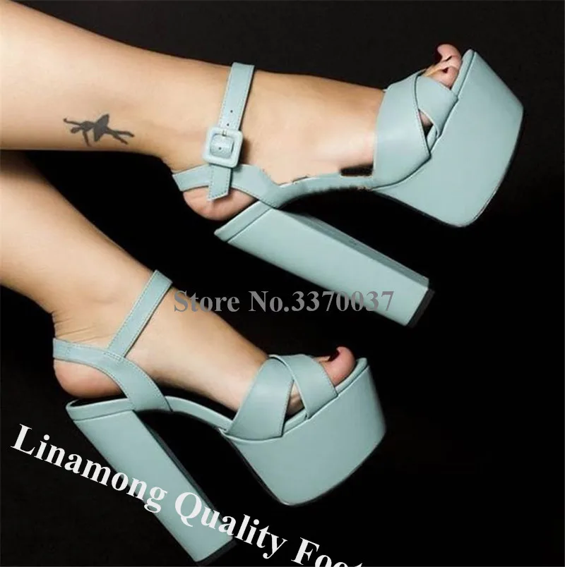 Linamong Sexy Open Toe High Platform Chunky Heel Sandals White Black Blue Ankle Straps Square Buckles Thick High Heel Sandals