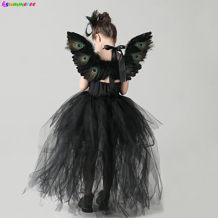 Girls Peacock Feather Party Tutu Dress for Halloween with Wing Kids Princess Pageant Prom Ball Gown Dress Fancy Peacock Costume