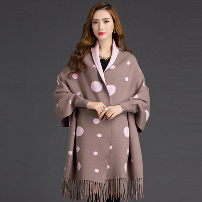 

2021 New Hot Sale Fat Or Thin Women's Warmth Fashion Poncho Scarf Wraps Tassel Small Point Monochrome Shawl With Sleeves Mujer