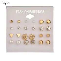 Delicate 12 pairs Women Round Crystal Heart Stud Earrings for Women Piercing Imitation Pearl Earrings Set Wedding Party