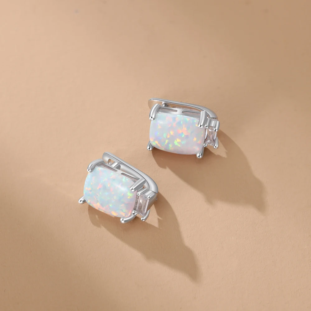 Luxury Hoop Earrings for Women Rectangular White Opal Earrings with Zircon Jewelry (Lam Hub Fong)