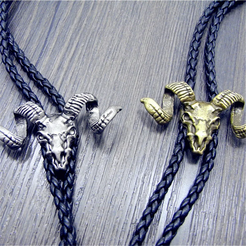 

Bolo tie New Retro Shirt Chain Sheep Head Powell Collar Leather Necklace Long tie Pendant