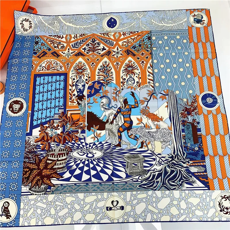 POBING Manual Hand Rolled Twill Silk Scarf Women Animals Forest Square Scarves Echarpes Foulards Femme Wrap Bandana Hijab 90CM