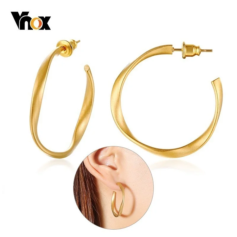 Vnox Twisted Stianless Steel Hoop Earrings for Women Gold Color Matte Surface Female Circle Brincos